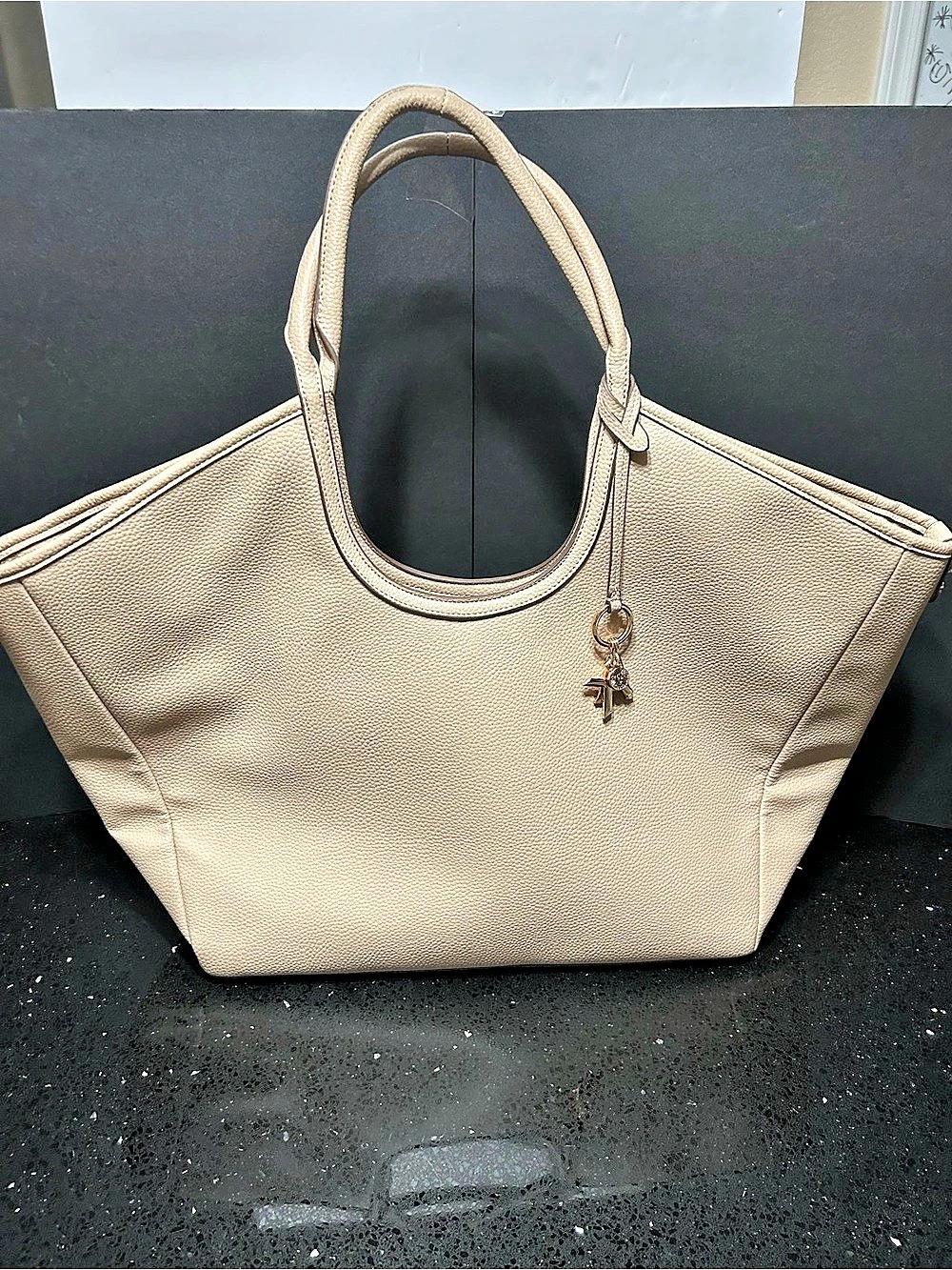 Anne Klein East West Tote Bag with Charms Beige